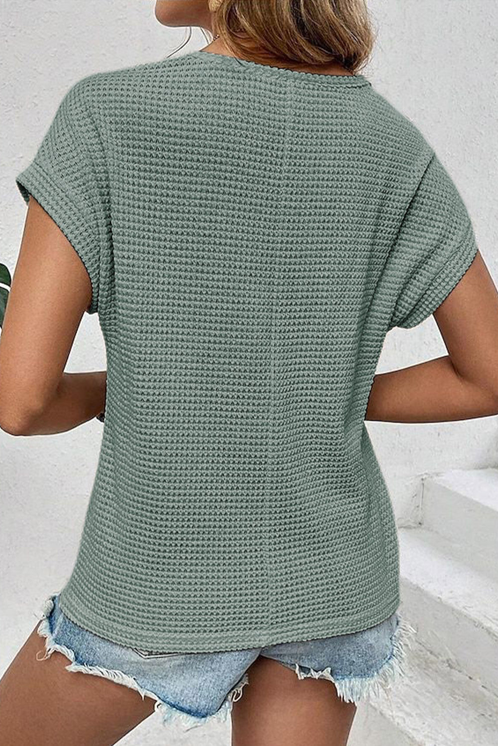 Mist Green Hollow Patchwork Waffle Knit Top - The Fair Lady Shop
