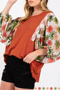 Desert Gold Floral Patchwork Sleeve Loose Top - The Fair Lady Shop