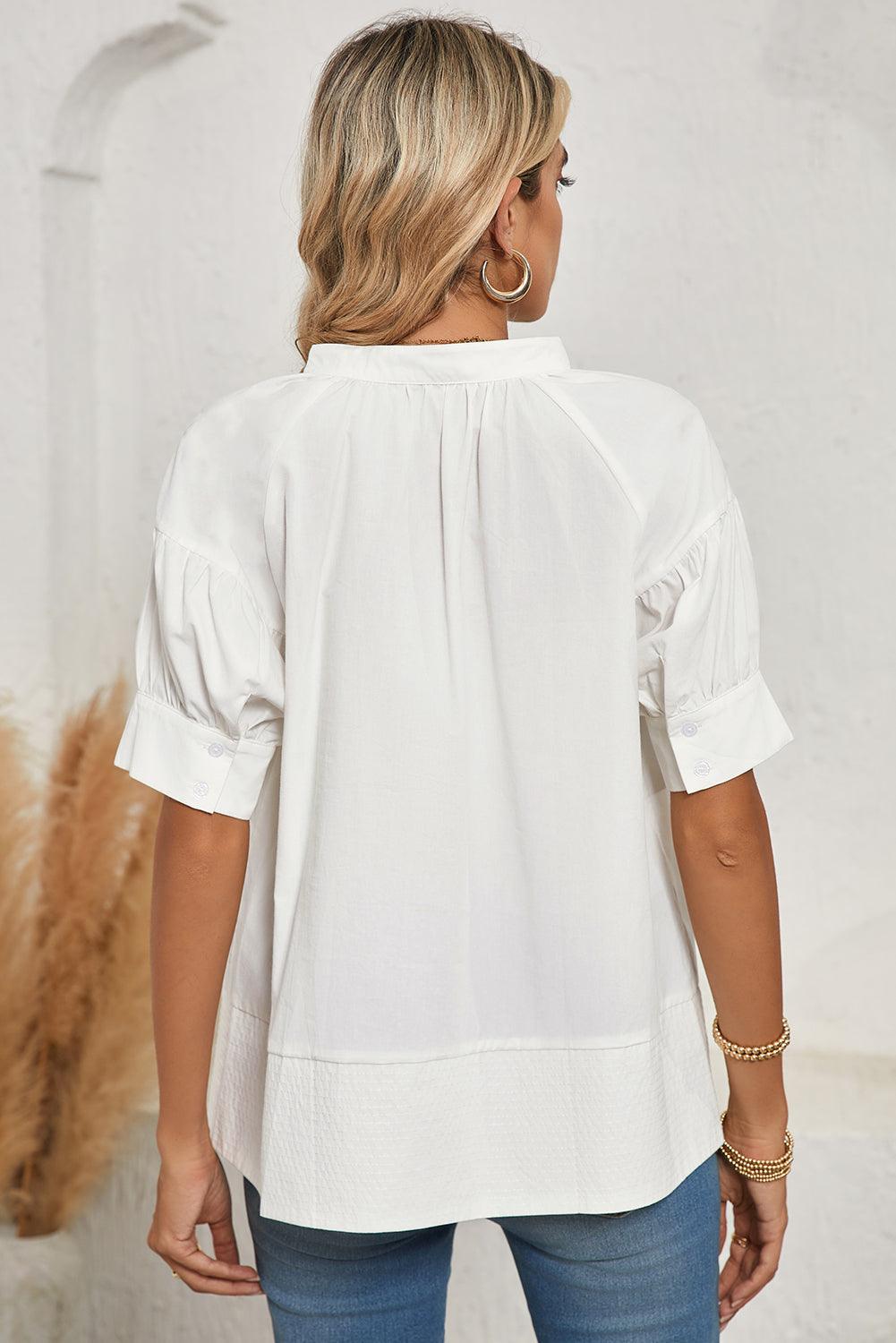 White Solid Color Ruched Bubble Sleeve V Neck Shirt - The Fair Lady Shop