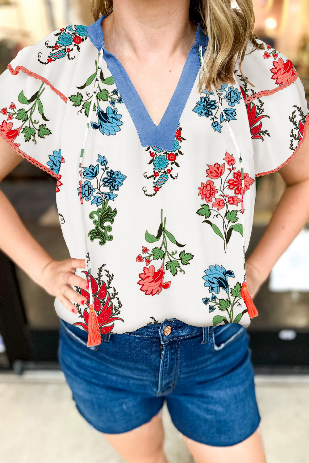 White Floral Tassel Tie V-Neck Lace Trim Ruffle Blouse - The Fair Lady Shop