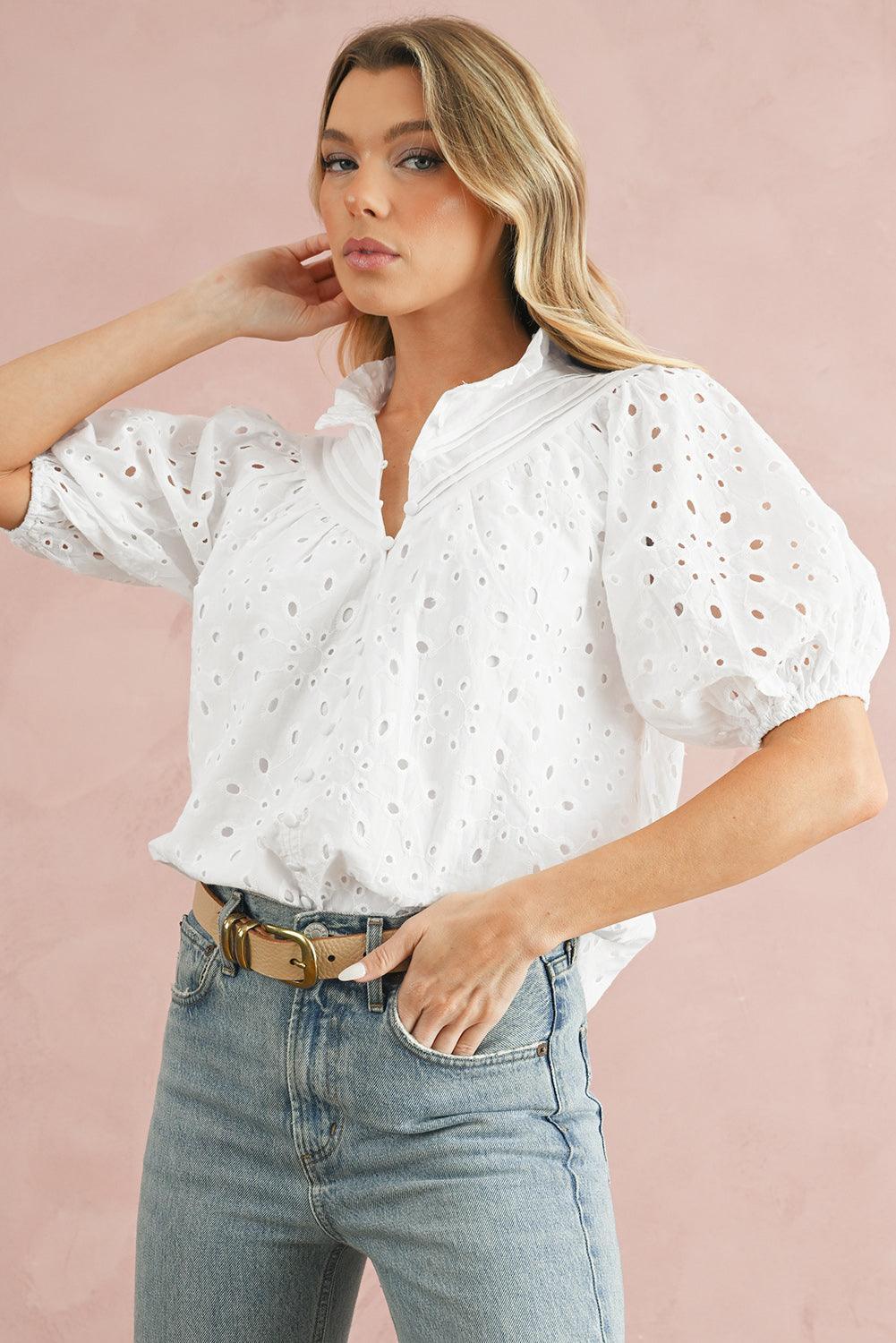 Bonbon Hollow-out Flower Embroidered Short Puff Sleeve Blouse - The Fair Lady Shop
