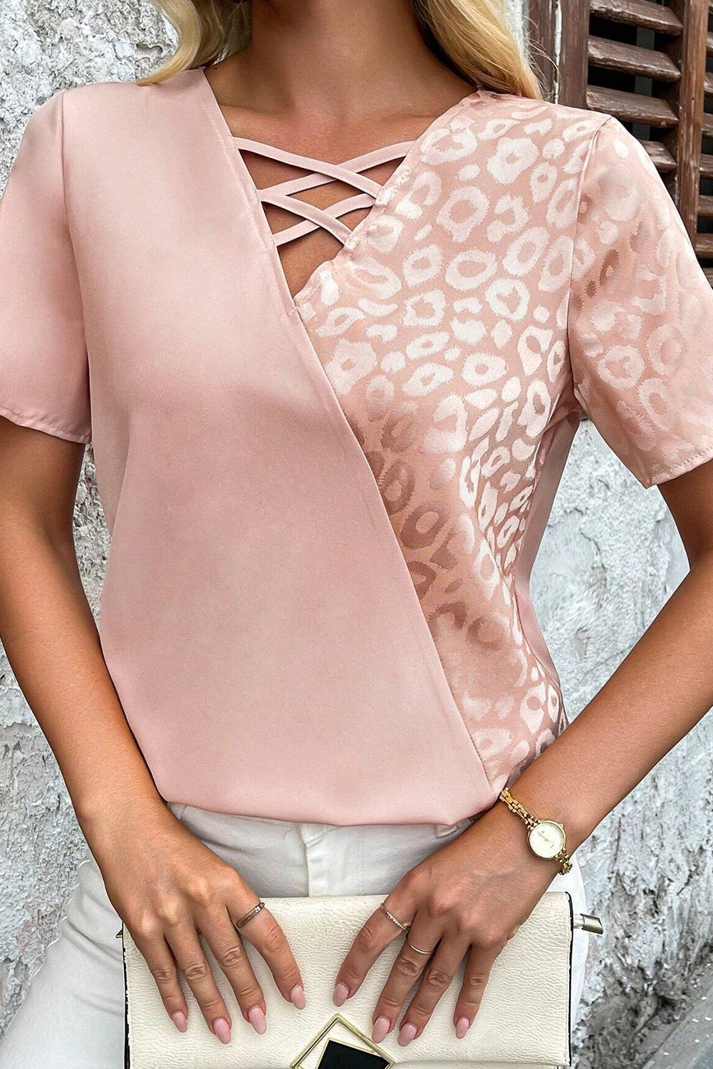 Apricot Pink Leopard Patchwork Cross Strappy V Neck Blouse - The Fair Lady Shop