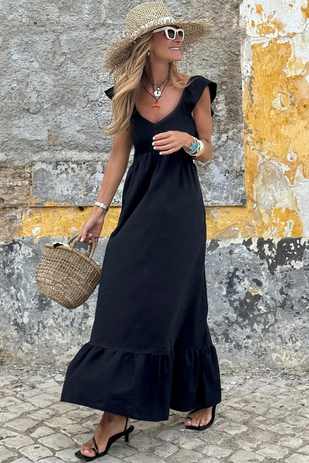 Black V Neck Flutter Sleeve Smocked Bodice High Waist Ruffle Maxi Dress - The Fair Lady Shop
