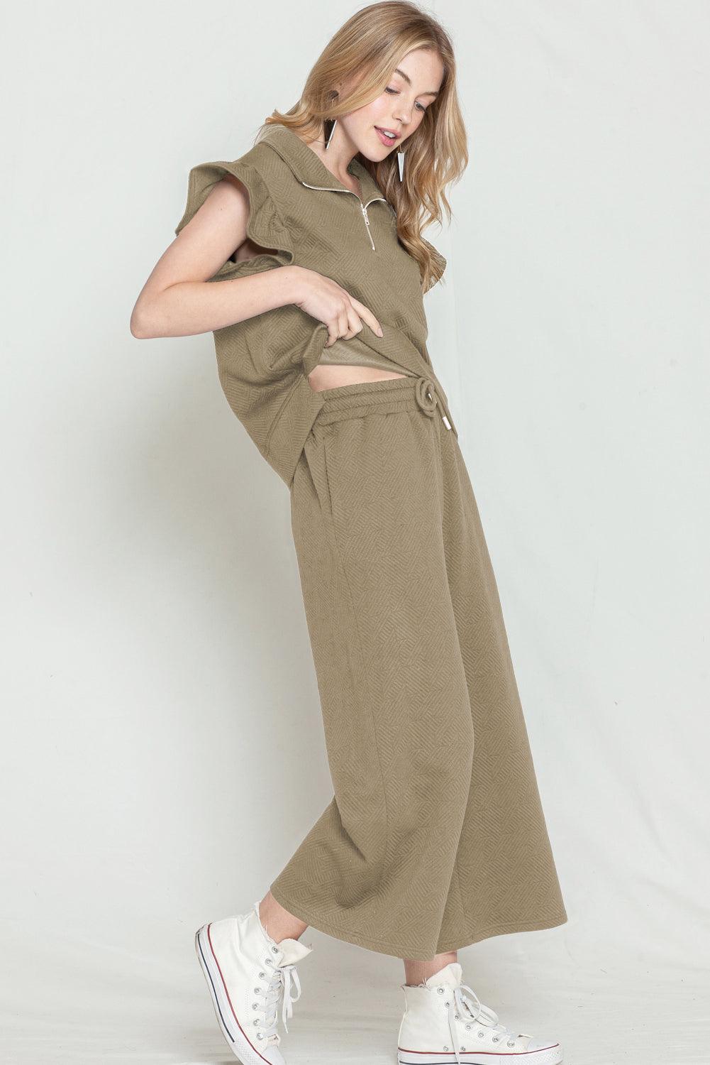 Black Textured Ruffle Cap Sleeve Top and Wide Leg Pants Set - The Fair Lady Shop