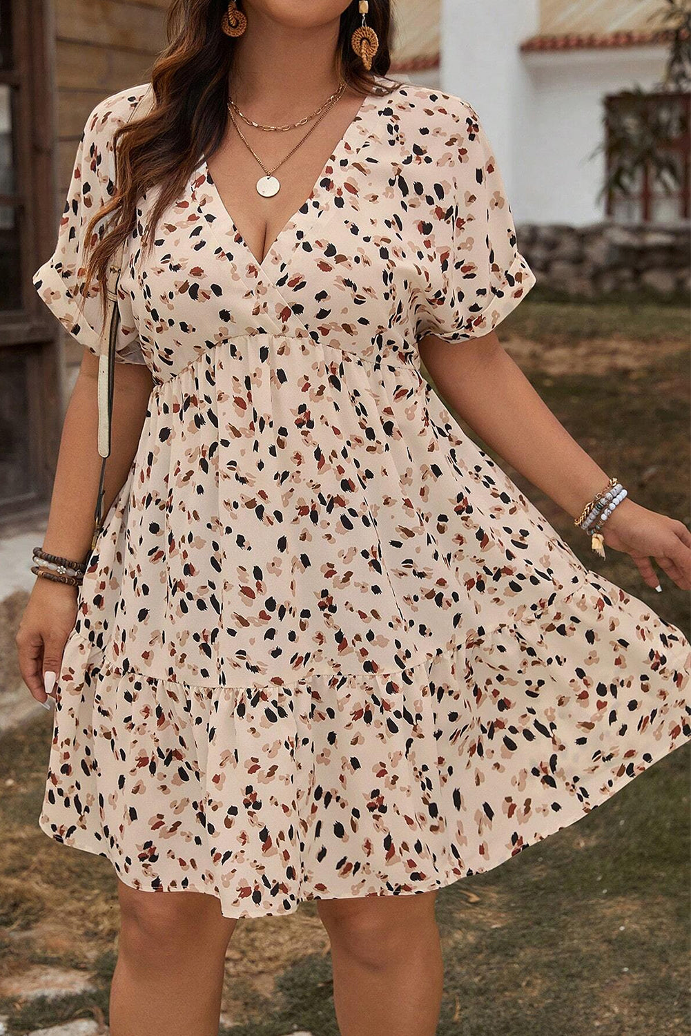 Beige Abstract Print Surplice V Neck Cuffed Sleeve Empire Waist Plus Size Dress - The Fair Lady Shop