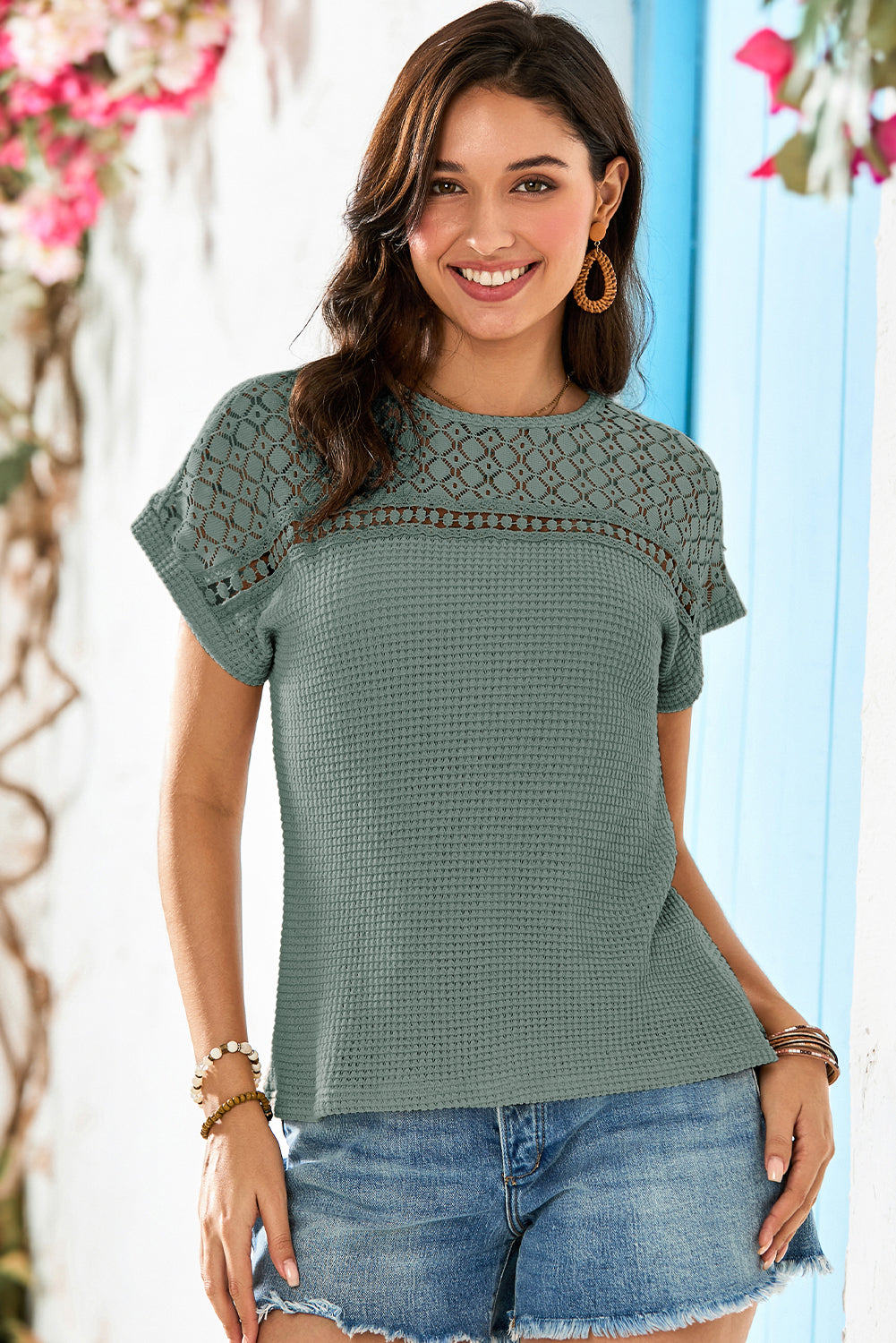 Mist Green Hollow Patchwork Waffle Knit Top - The Fair Lady Shop