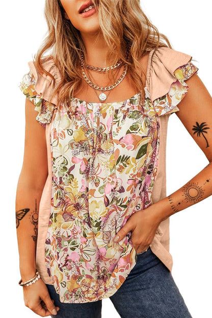 Apricot Pink Floral Print Square Neck Ruffle Sleeve Blouse - The Fair Lady Shop