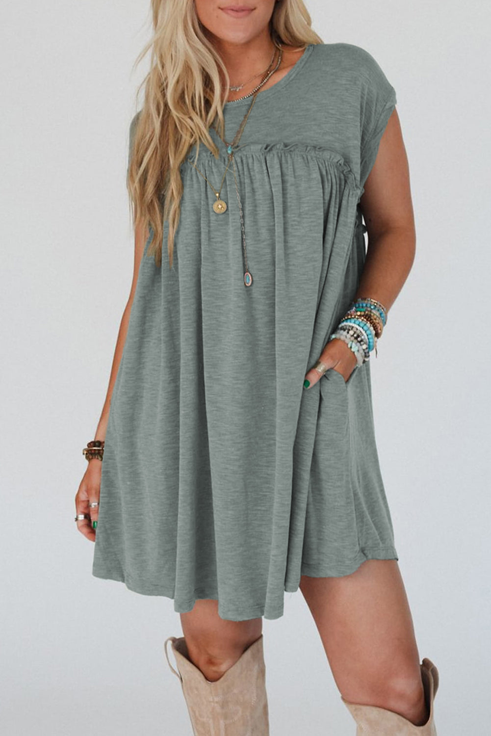 Mist Green Frilled Seam Round Neck T Shirt Dress - The Fair Lady Shop