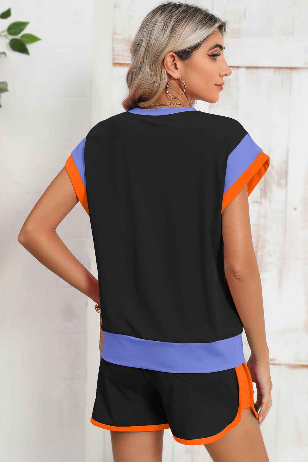 Peach Blossom Color Block Loose Fit Top & Elastic Waist Shorts Set - The Fair Lady Shop
