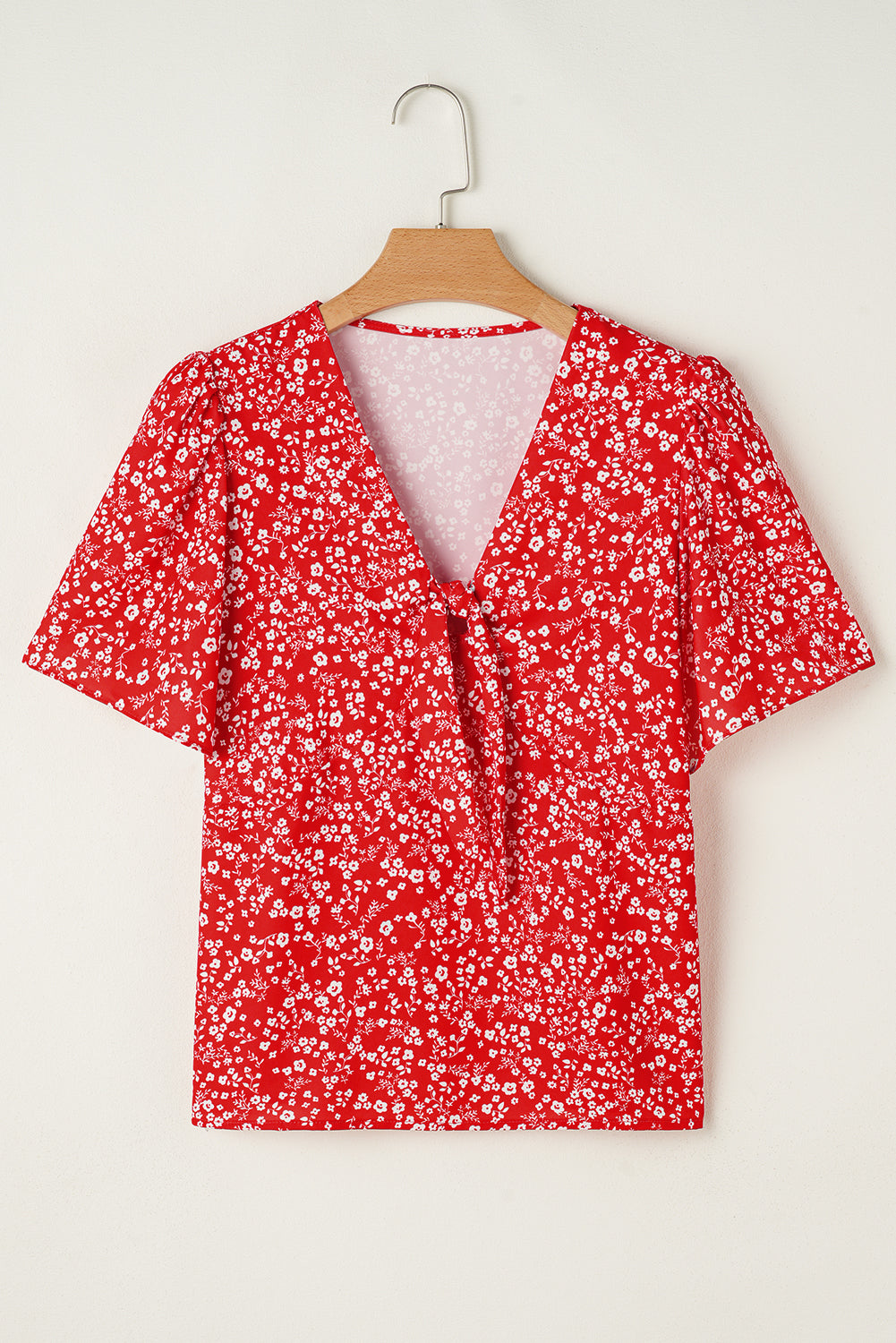 Red Boho Floral Print Half Sleeve Knotted V Neck Blouse - The Fair Lady Shop