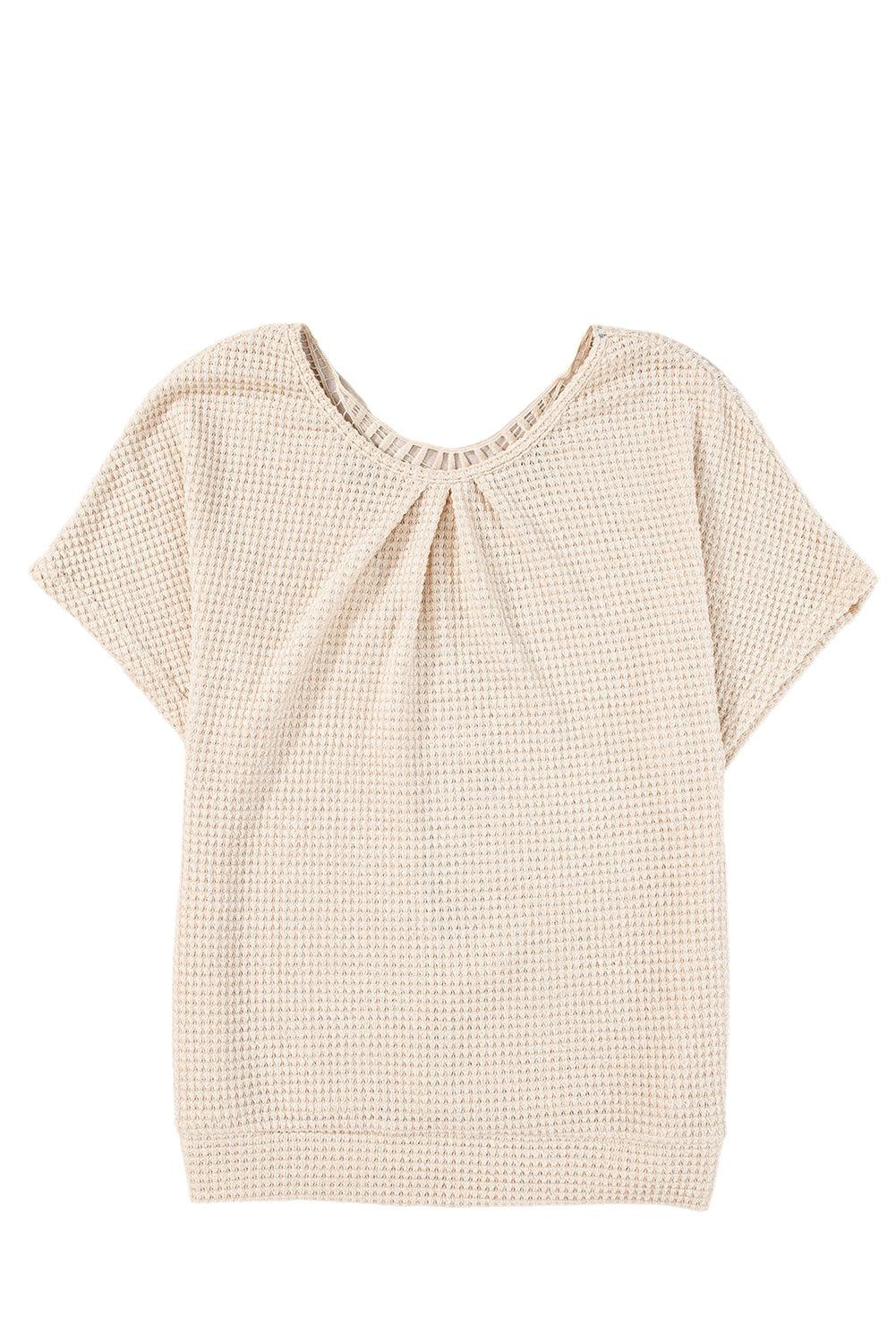 Oatmeal Guipure Lace Splicing Back Waffle Textured T-shirt - The Fair Lady Shop