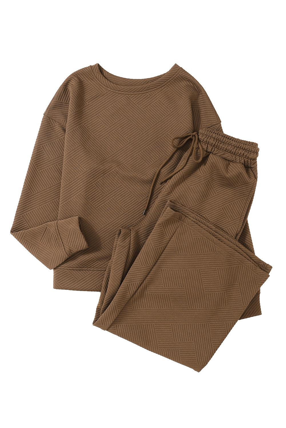 Dark Brown Textured Loose Slouchy Long Sleeve Top and Pants Set - The Fair Lady Shop
