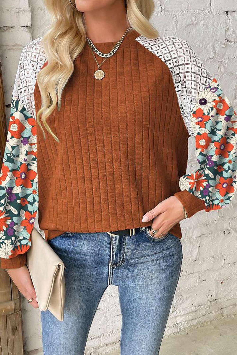 Laurel Green Floral Patchwork Raglan Sleeve Ribbed Blouse - The Fair Lady Shop