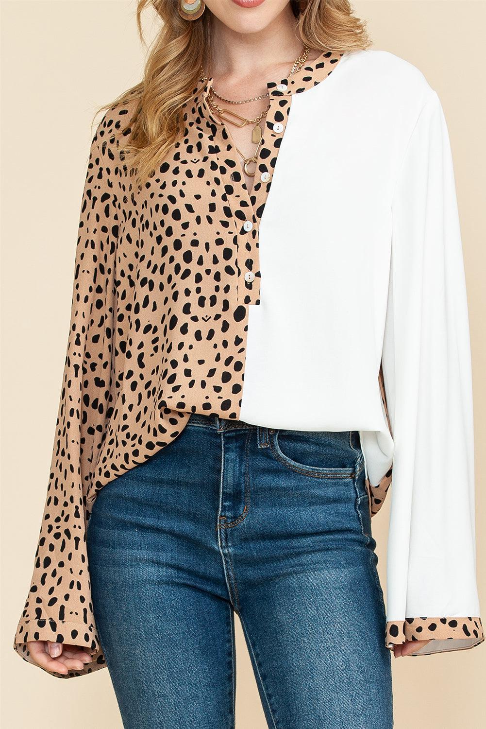 Khaki Leopard and White Patchwork Henley Blouse - The Fair Lady Shop