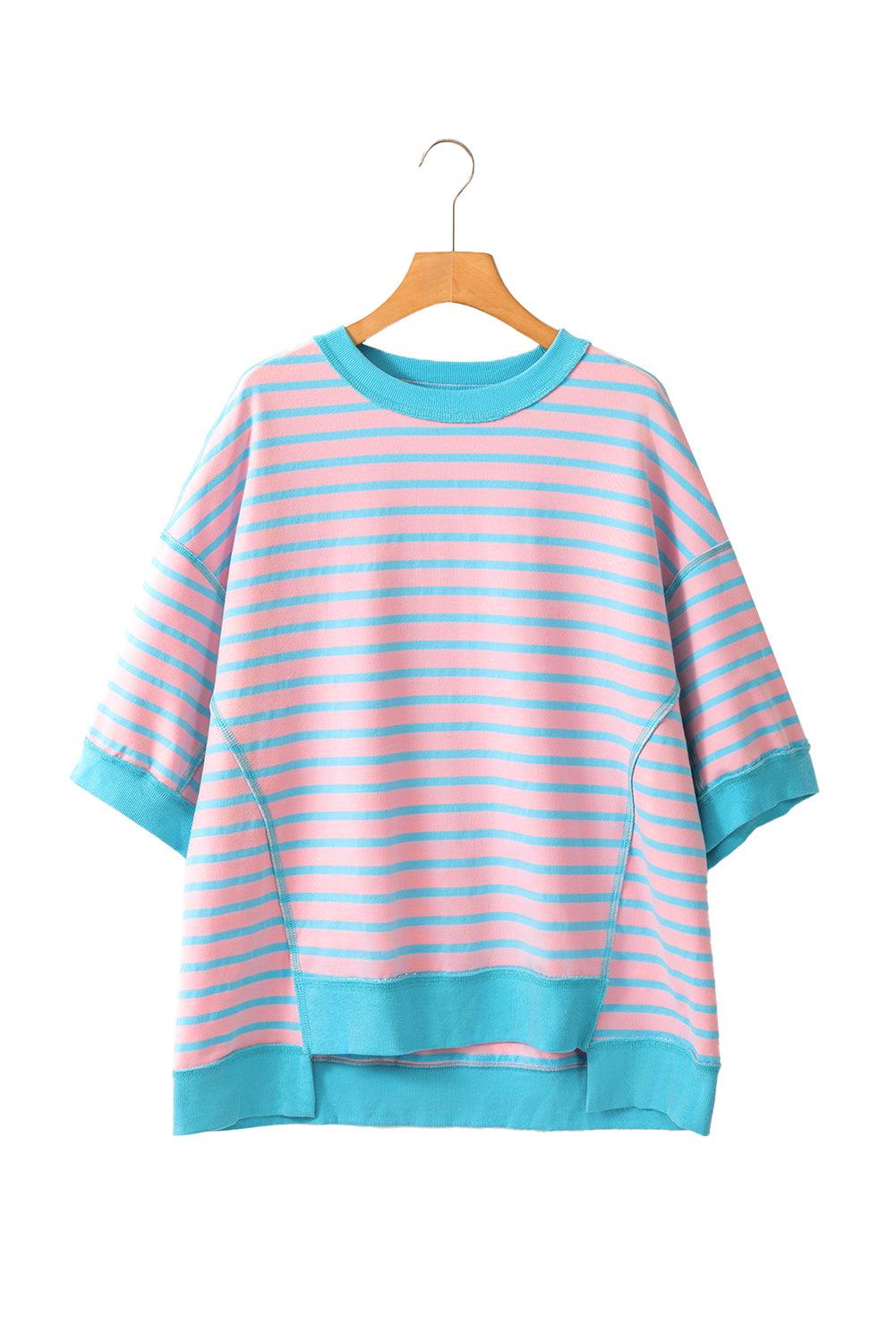 Pink Stripe Colorblock Drop Sleeve Oversized T Shirt - The Fair Lady Shop