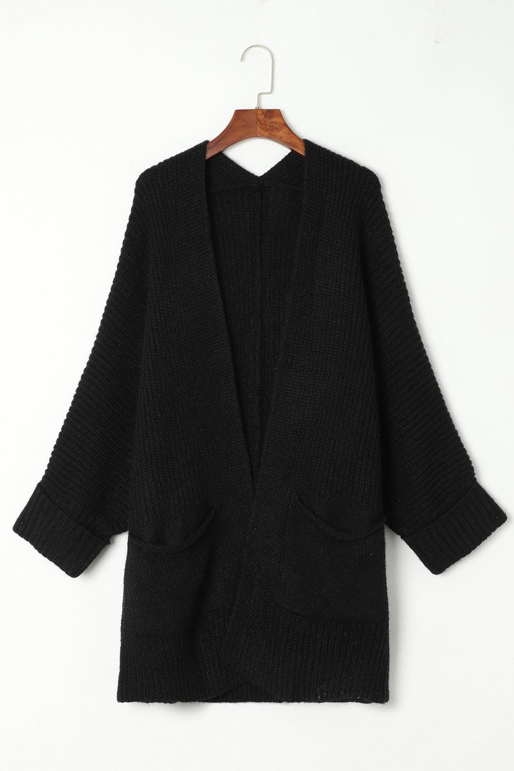 Black Batwing Sleeve Pocket Oversized Cable Knit Cardigan - The Fair Lady Shop