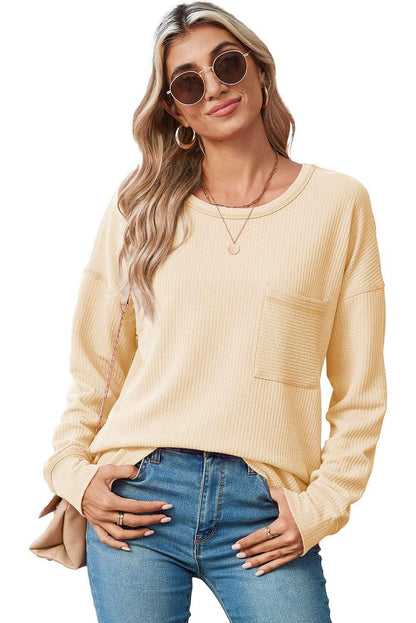 Apricot Pocketed Ribbed Long Sleeve Top - The Fair Lady Shop