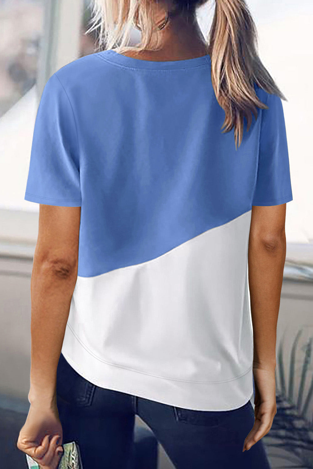 Sky Blue Crew Neck Colorblock Tee - The Fair Lady Shop