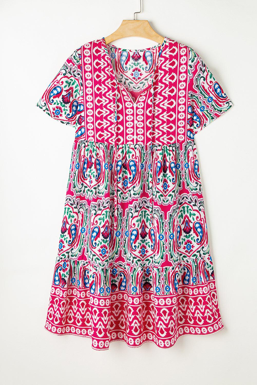 Orange Bohemian Tie Neck Flounce Sleeve Ruffle Hem Mini Dress - The Fair Lady Shop