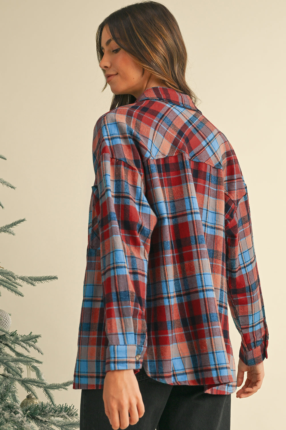 Red Plaid Print Drop Sleeve Loose Shirt - The Fair Lady Shop