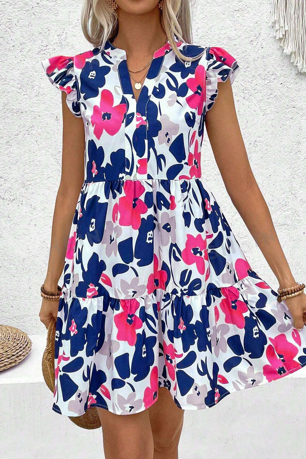 Rose Floral Print Notched Neck Flutter Sleeve Mini Dress - The Fair Lady Shop