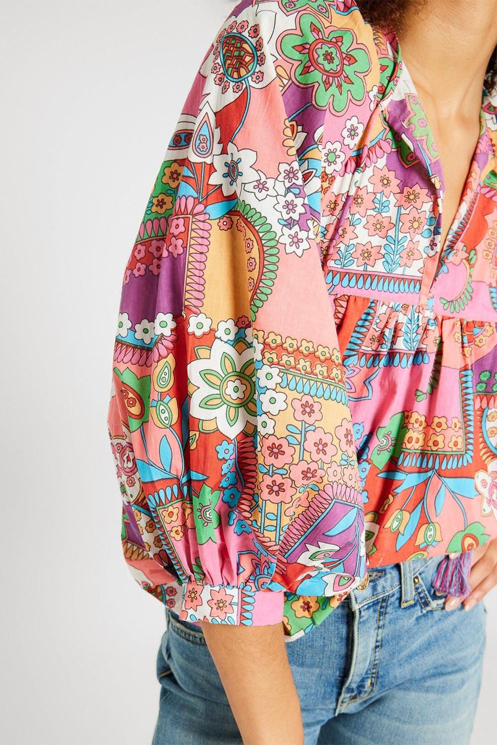 Multicolour Boho Floral Tie V Neck Pleated Blouse - The Fair Lady Shop