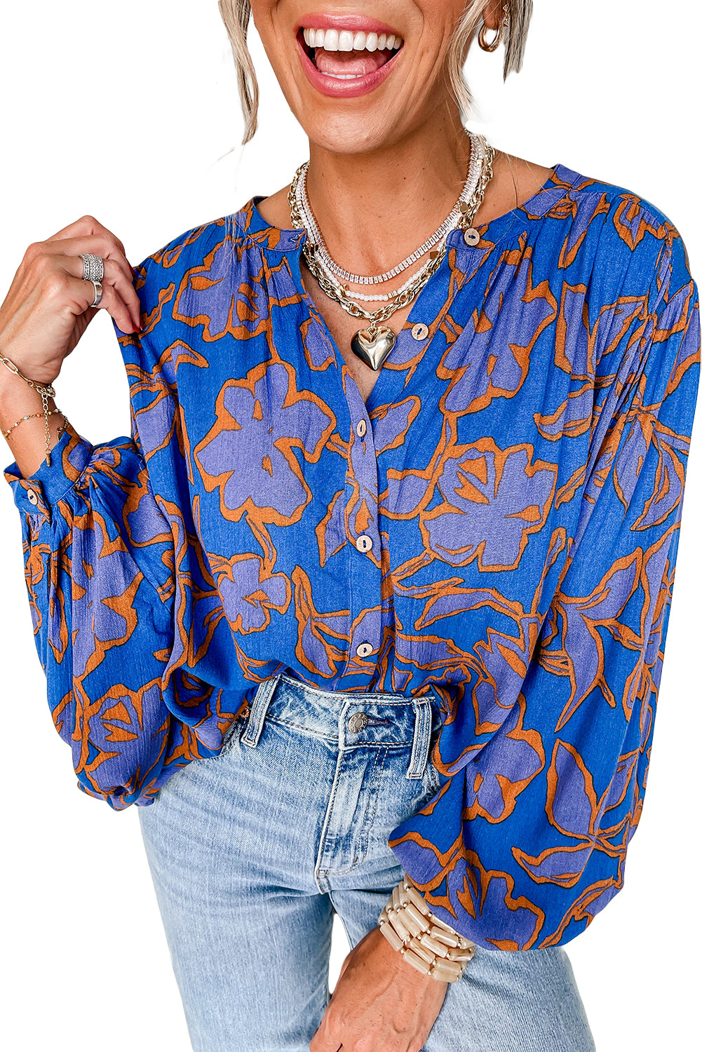 Blue Floral Print Batwing Sleeve Button Loose Fit Blouse - The Fair Lady Shop