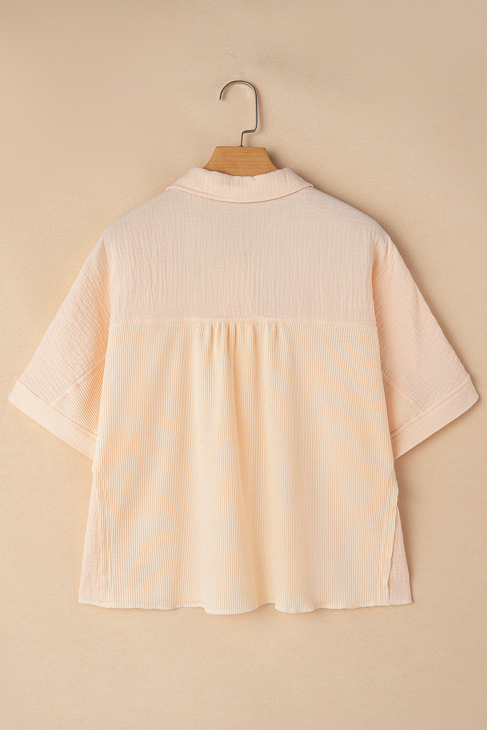 Beige Waffle Crinkle Patchwork Short Batwing Sleeve Shirt - The Fair Lady Shop