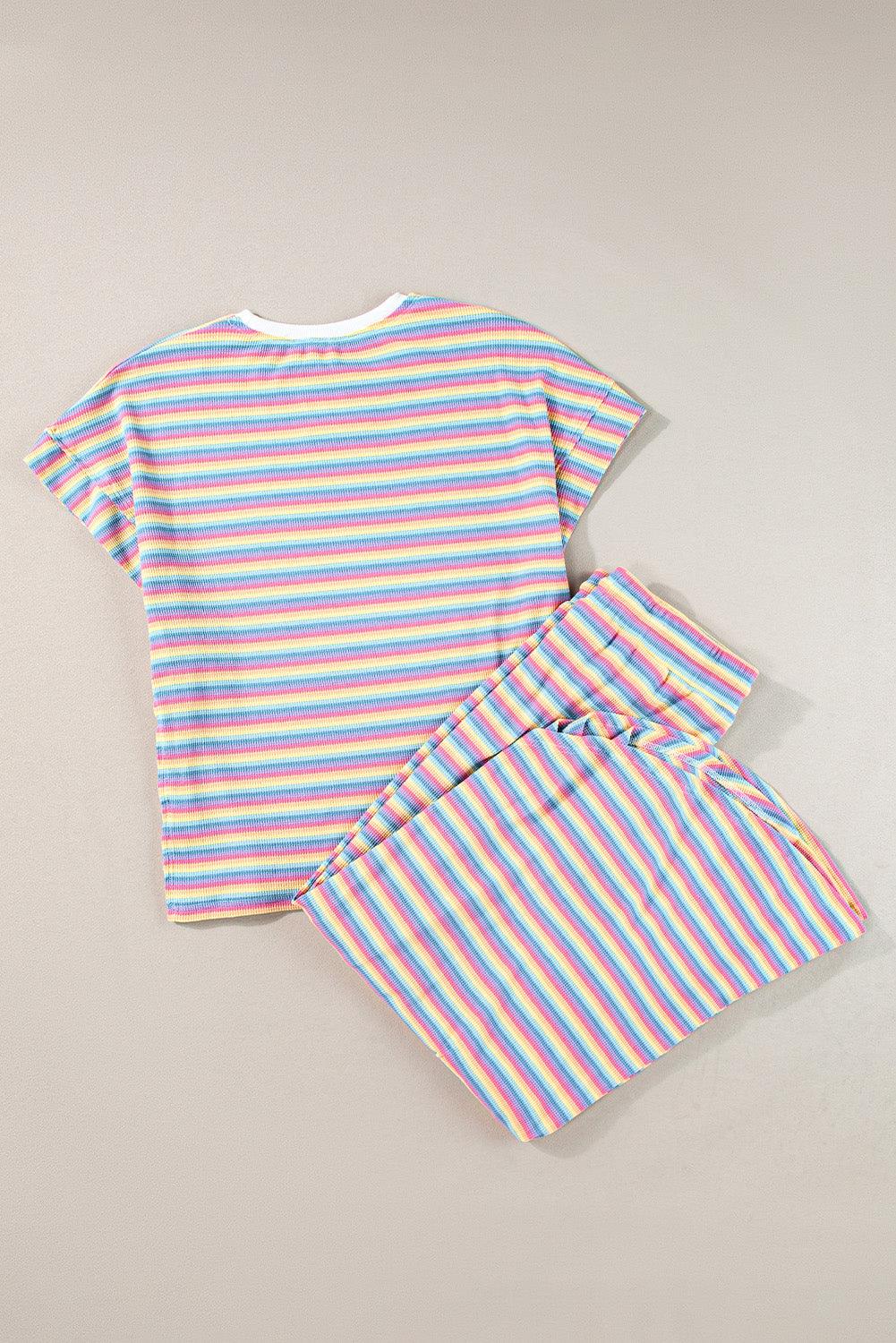 Yellow Stripe Rainbow Tee and Tassel Drawstring Wide Leg Pants Set - The Fair Lady Shop