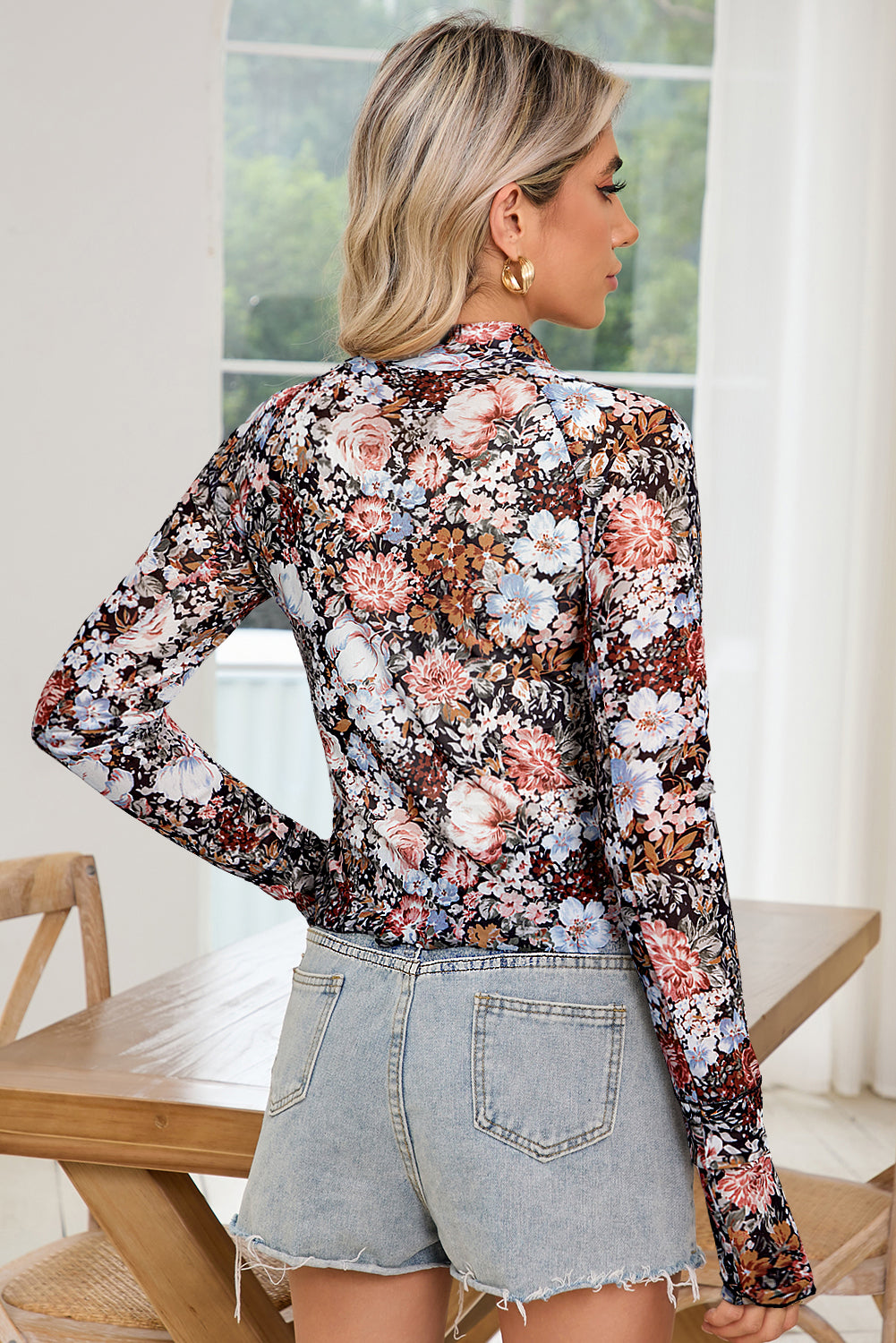 Brown Floral Print Mesh Mock Neck Slim Top - The Fair Lady Shop