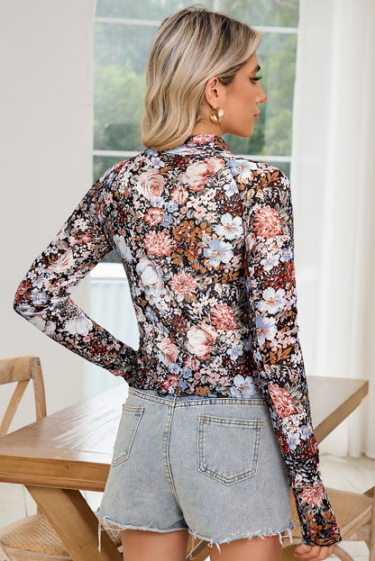 Brown Floral Print Mesh Mock Neck Slim Top - The Fair Lady Shop