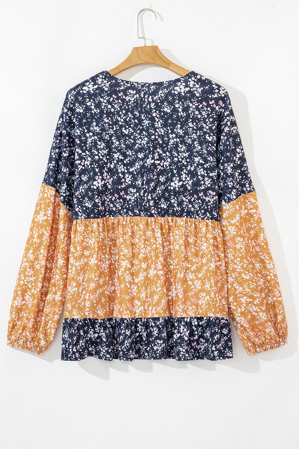 Blue Ditsy Floral Color Block Ruffle Hem Long Sleeve Top - The Fair Lady Shop