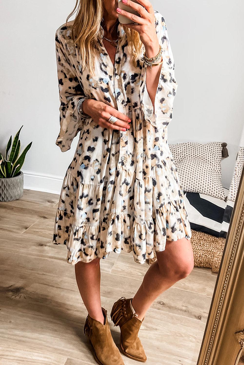 Black Leopard Button V Neck Flowy Mini Dress - The Fair Lady Shop