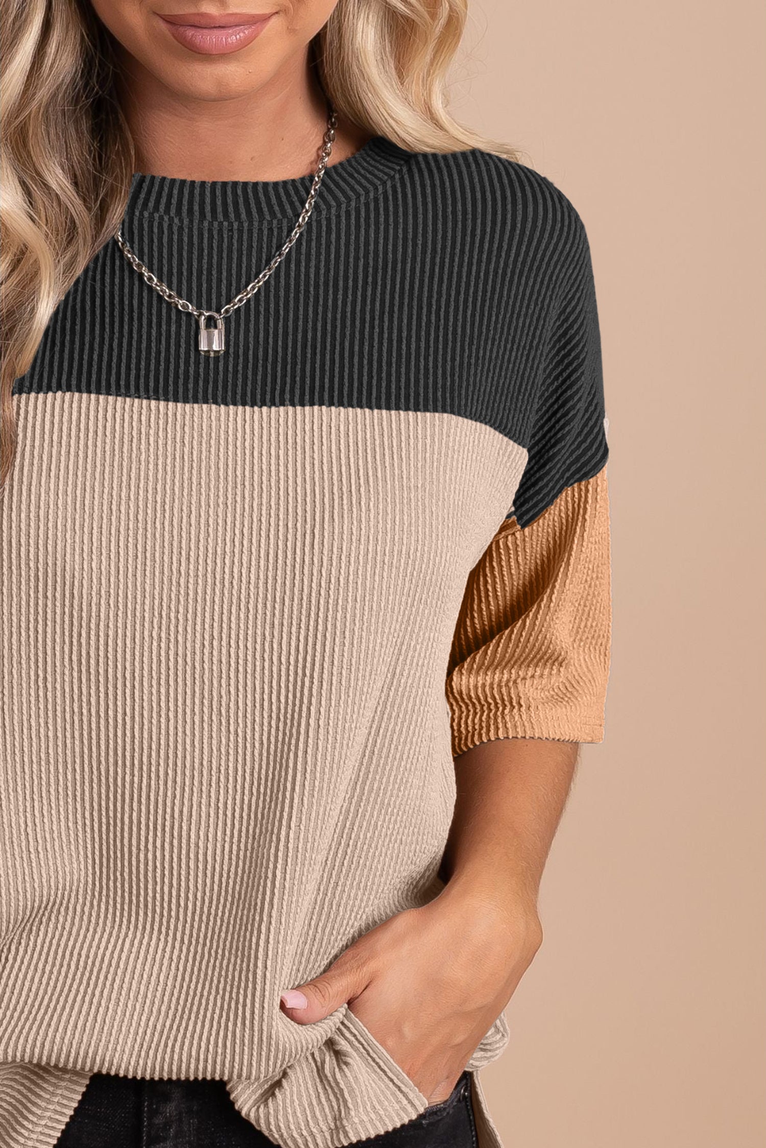 Black Color Block Ribbed Side Slits Half Sleeve Top - The Fair Lady Shop