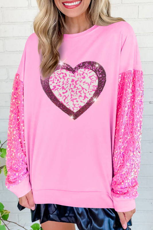 Pink Leopard Heart Graphic Sequin Patchwork Long Sleeve Valentines Top - The Fair Lady Shop