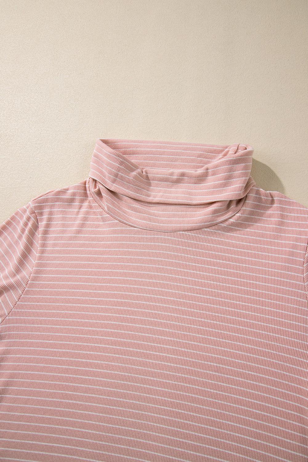 Pink Stripe Cowl Neck Side Slits Loose Fit Long Sleeve Top - The Fair Lady Shop