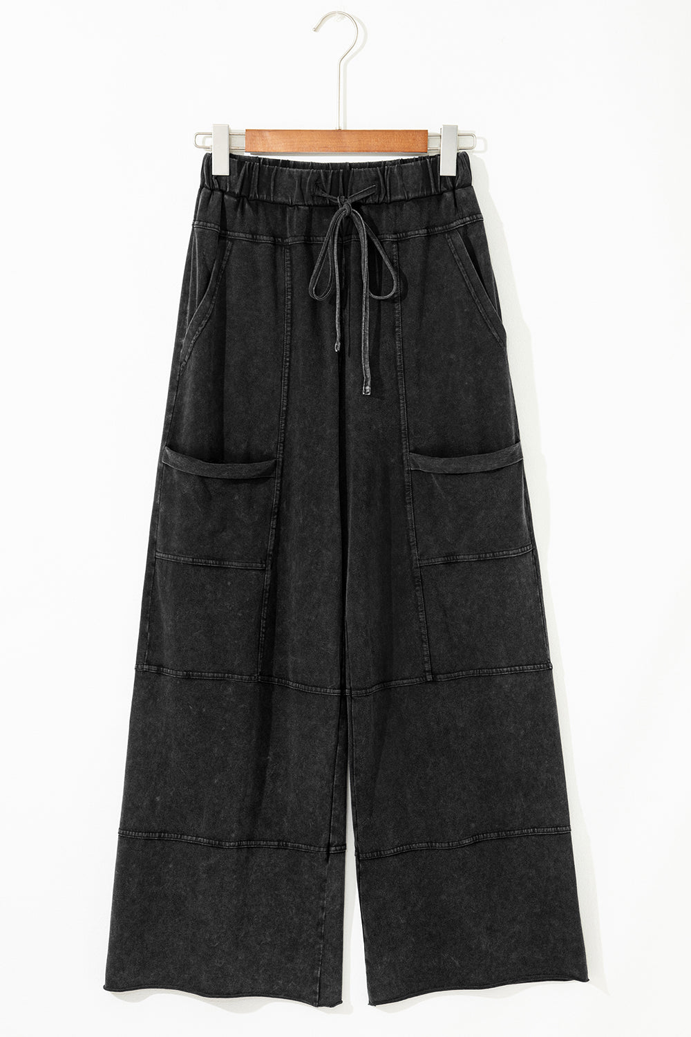 Black Mineral Wash Exposed Seam Wide Leg Cargo Pants - The Fair Lady Shop