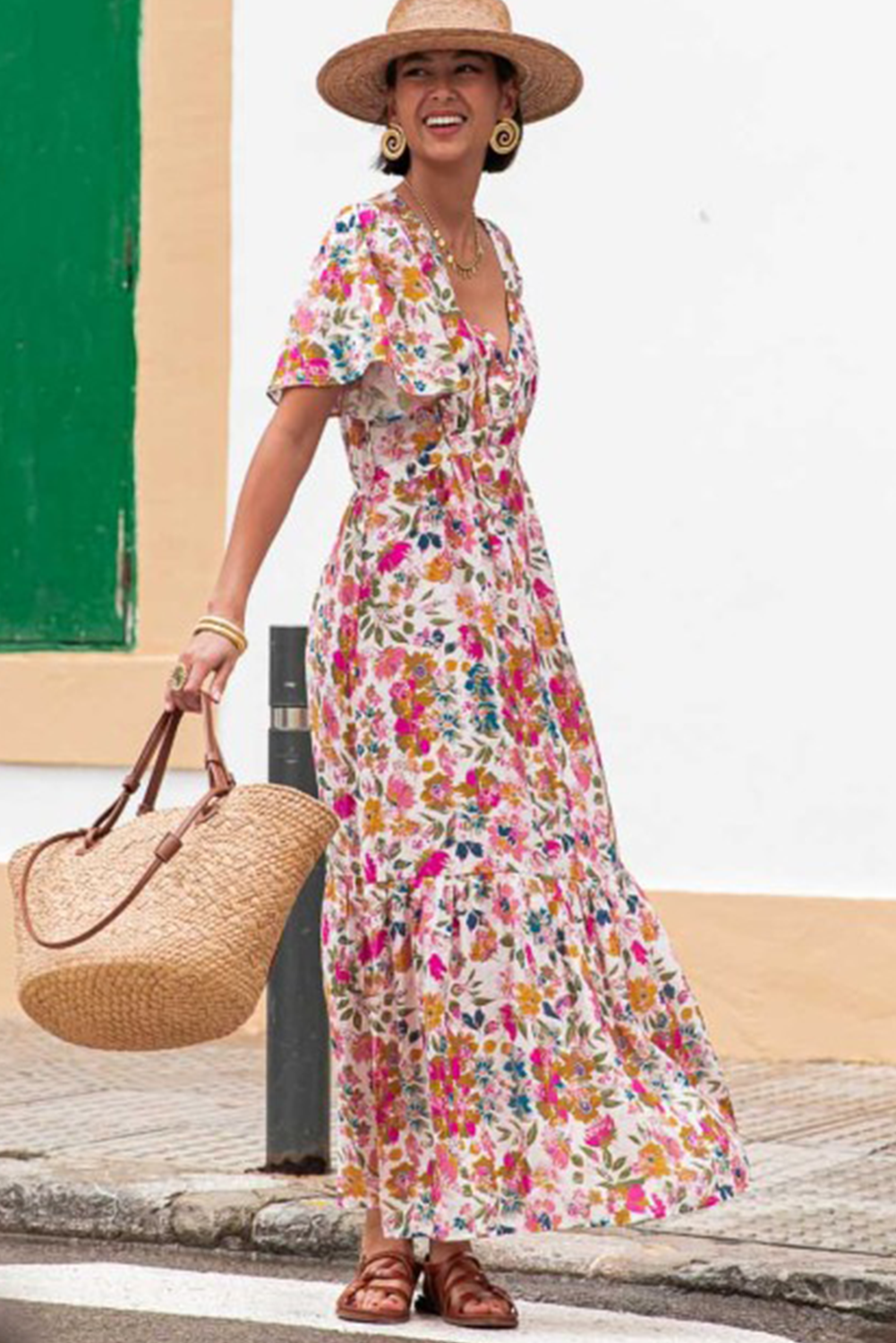 Red Floral Short Sleeve V Neck High Waist Maxi Dress - The Fair Lady Shop