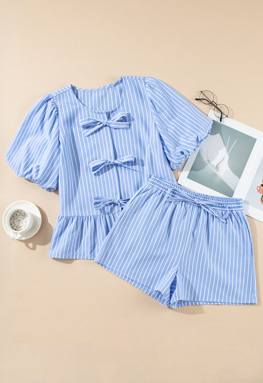 Sky Blue Striped Bow Tie Front Blouse and Drawstring Shorts Set - The Fair Lady Shop