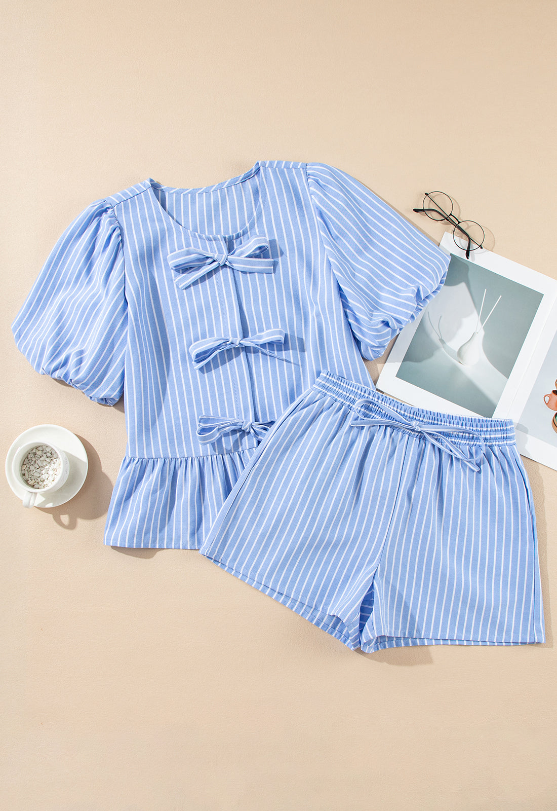 Sky Blue Striped Bow Tie Front Blouse and Drawstring Shorts Set - The Fair Lady Shop