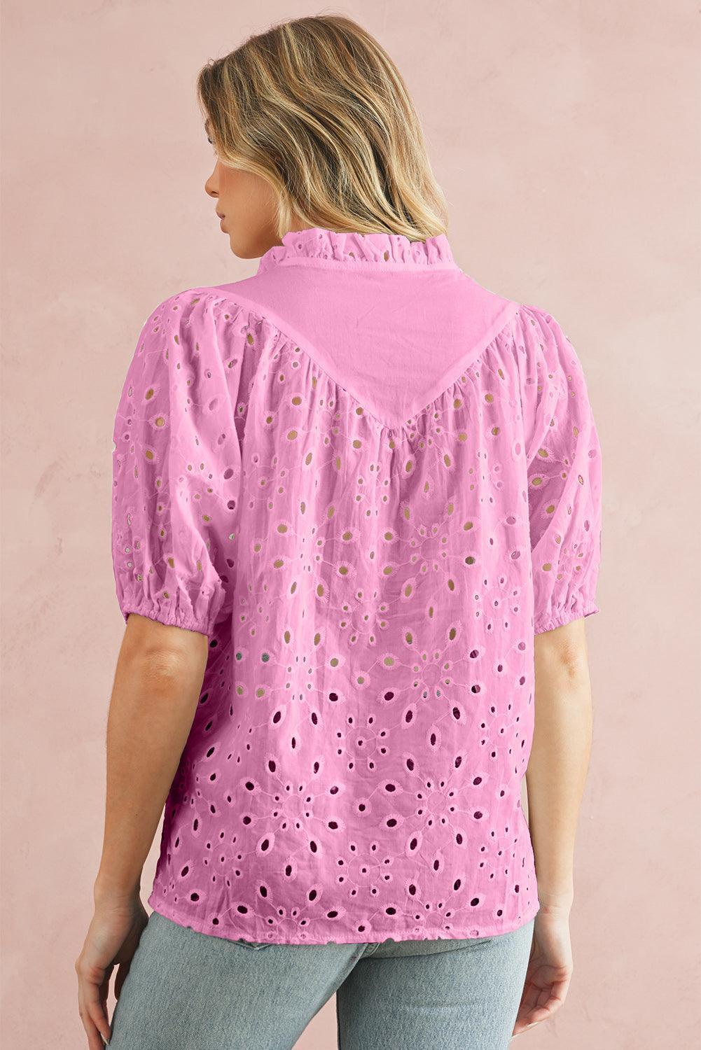 Bonbon Hollow-out Flower Embroidered Short Puff Sleeve Blouse - The Fair Lady Shop
