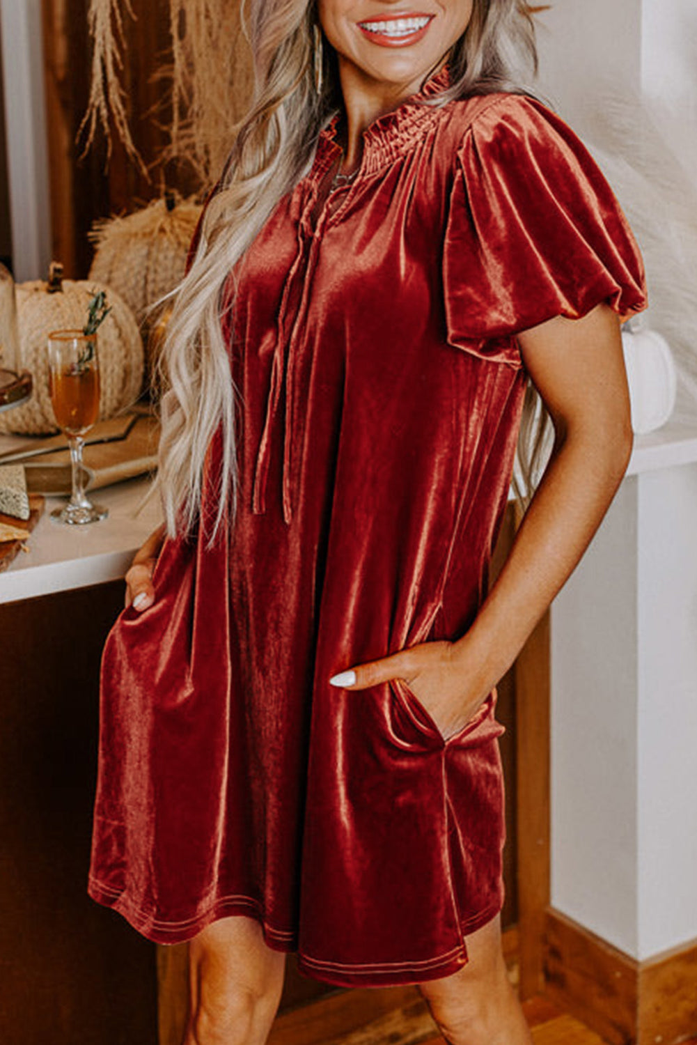 Cinnamon Velvet Smocked Neckline Puff Sleeve Shift Mini Dress - The Fair Lady Shop