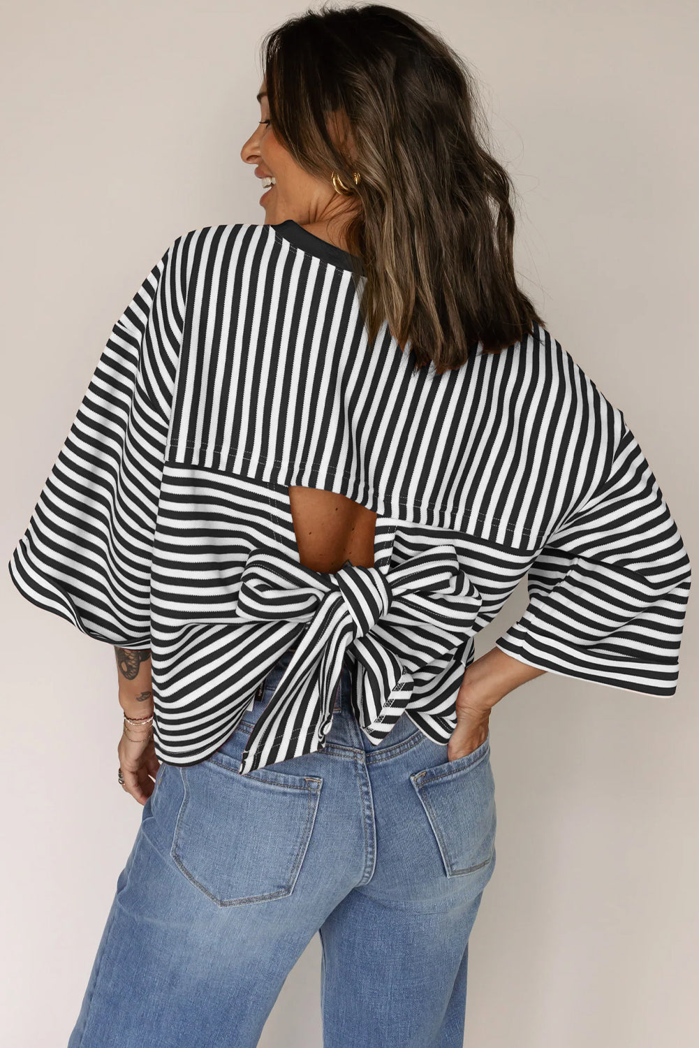Black Stripe Bowknot Backless T-Shirt - The Fair Lady Shop