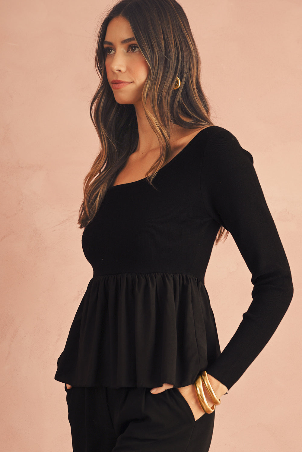 Black Pleated Hem Long Sleeve Ribbed Knit Top - The Fair Lady Shop