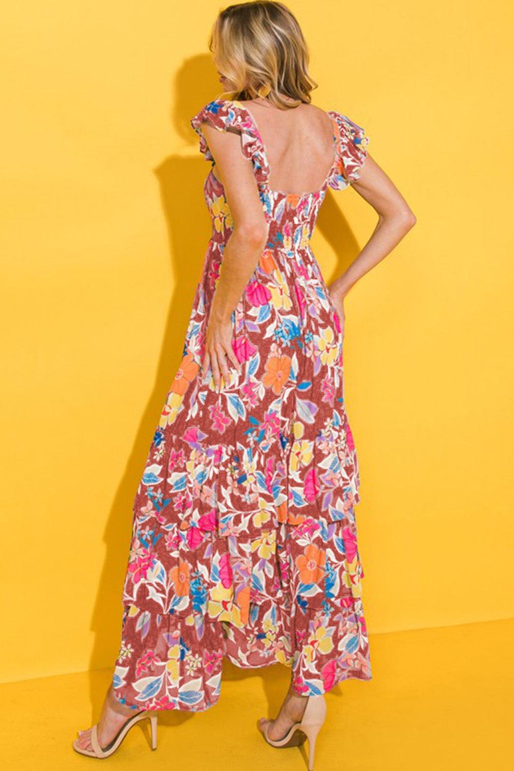 Pink Floral Print Sleeveless Ruffle Tiered Maxi Dress - The Fair Lady Shop