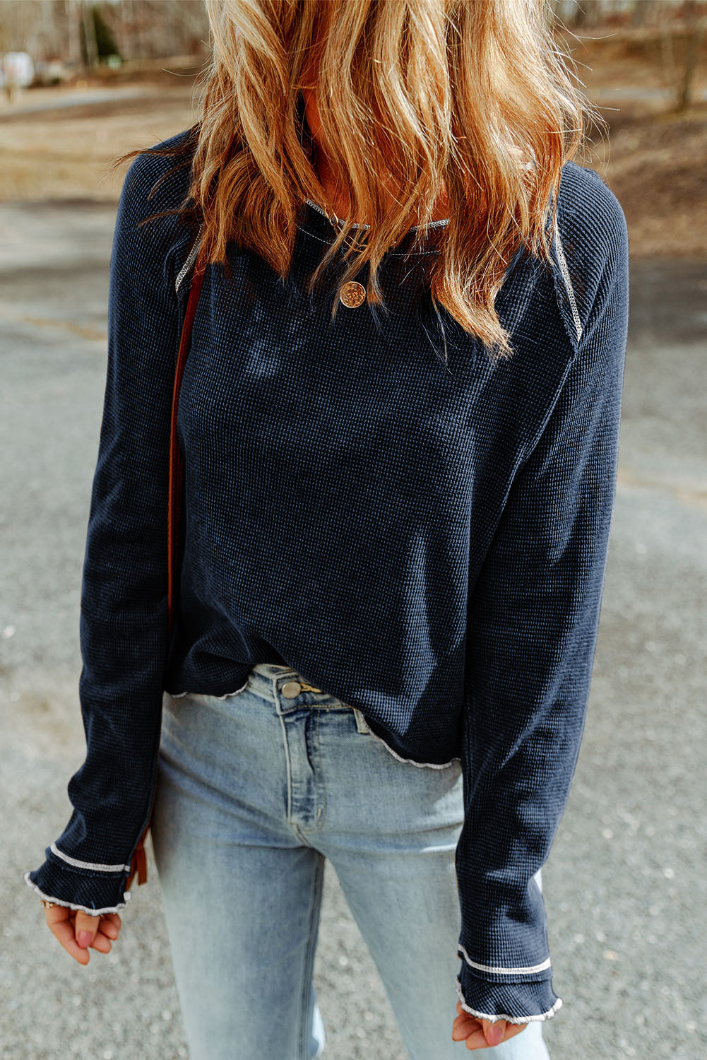 Blue Exposed Seam Textured Pullover Long Sleeve Top - The Fair Lady Shop