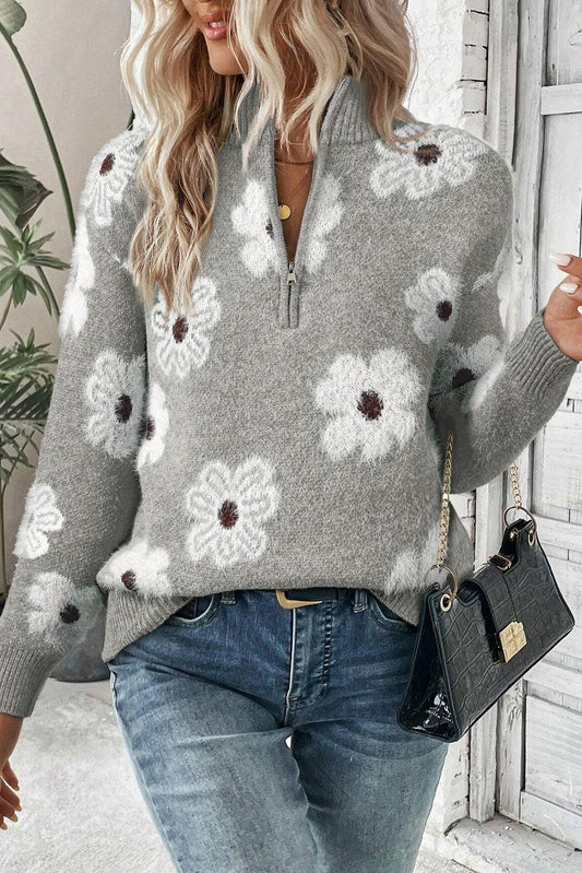 Gray Vintage 60s Floral Pattern Half Zip Collar Drop Shoulder Sweater - The Fair Lady Shop