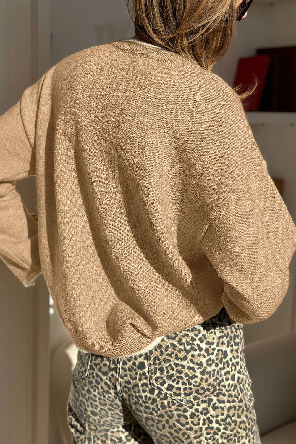 Tan Leopard Bow Decor Split Cuffs Contrast Trim Sweater
