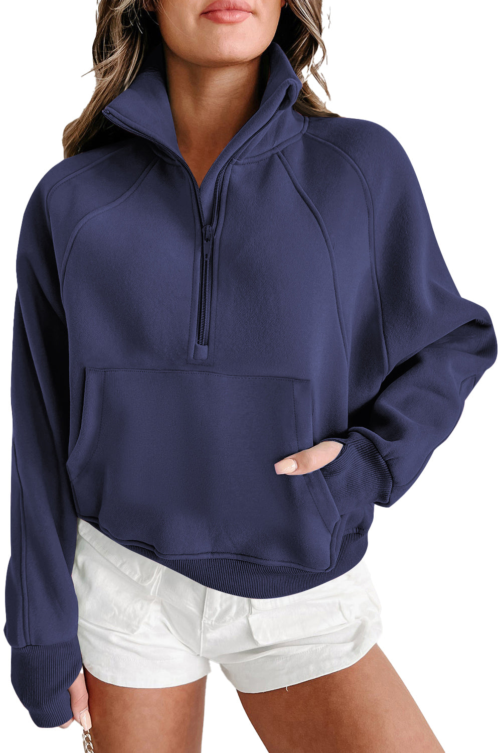 Navy Blue Zip Up Stand Collar Ribbed Thumbhole Sleeve Sweatshirt - The Fair Lady Shop