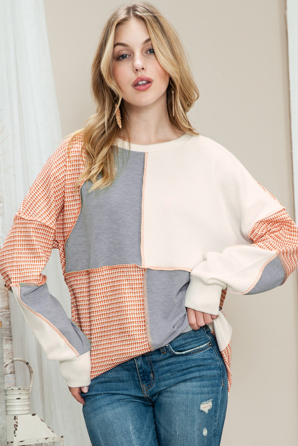 Multicolor Exposed Seam Color Block Pullover Long Sleeve Top - The Fair Lady Shop